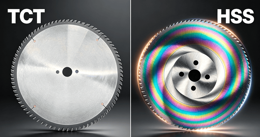 A close-up shot of a TCT saw blade and an HSS saw blade side by side